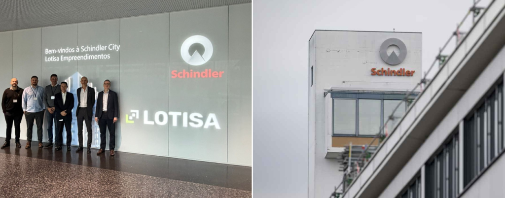 Equipe da Lotisa na recepção da Schindler City, em Ebikon, na Suíça, durante visita técnica ao centro global de inovação em elevadores e mobilidade vertical