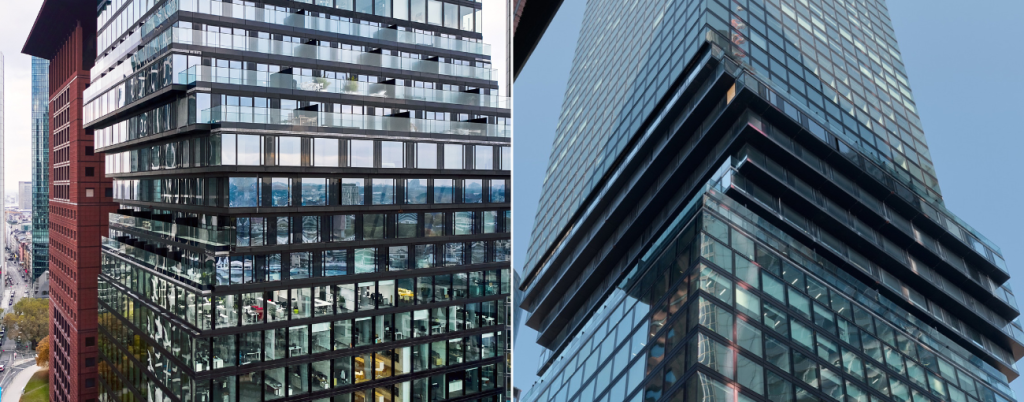 Fachada envidraçada do edifício Omniturm, em Frankfurt, referência mundial em arquitetura contemporânea e sistemas inteligentes de mobilidade vertical em edifícios de uso misto